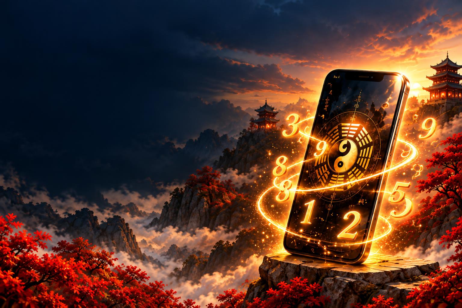 A golden mobile phone surrounded by fortune numbers, Chinese pagodas and autumn mountains